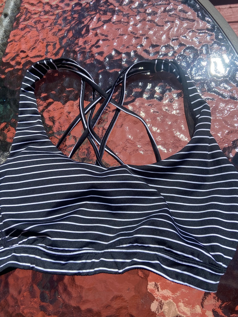 Black White Striped Crisscross Back Sports Bra Removable Pads Size Small